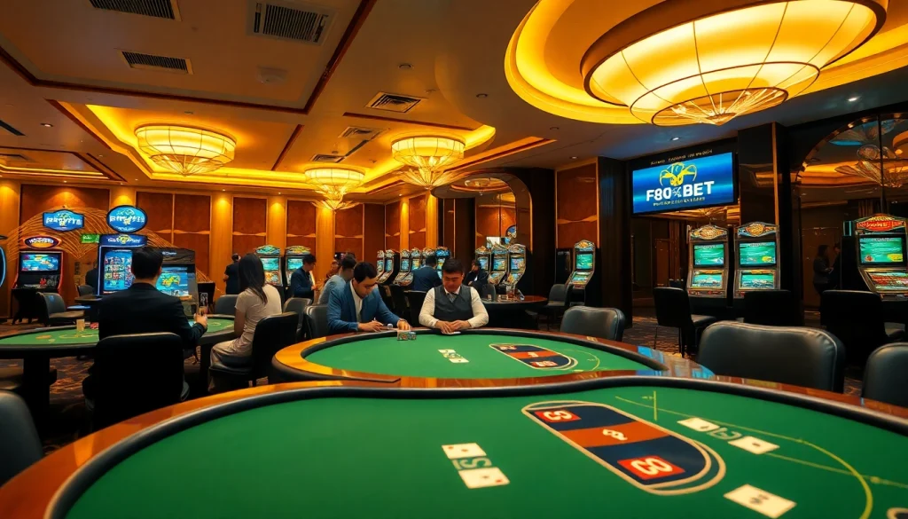 Exciting scene of players at F8BET online casino gaming tables, showcasing poker, blackjack, and slots in a vibrant atmosphere.