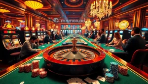 Experience excitement at mmoo.ad's casino with vibrant gaming tables and lively players.