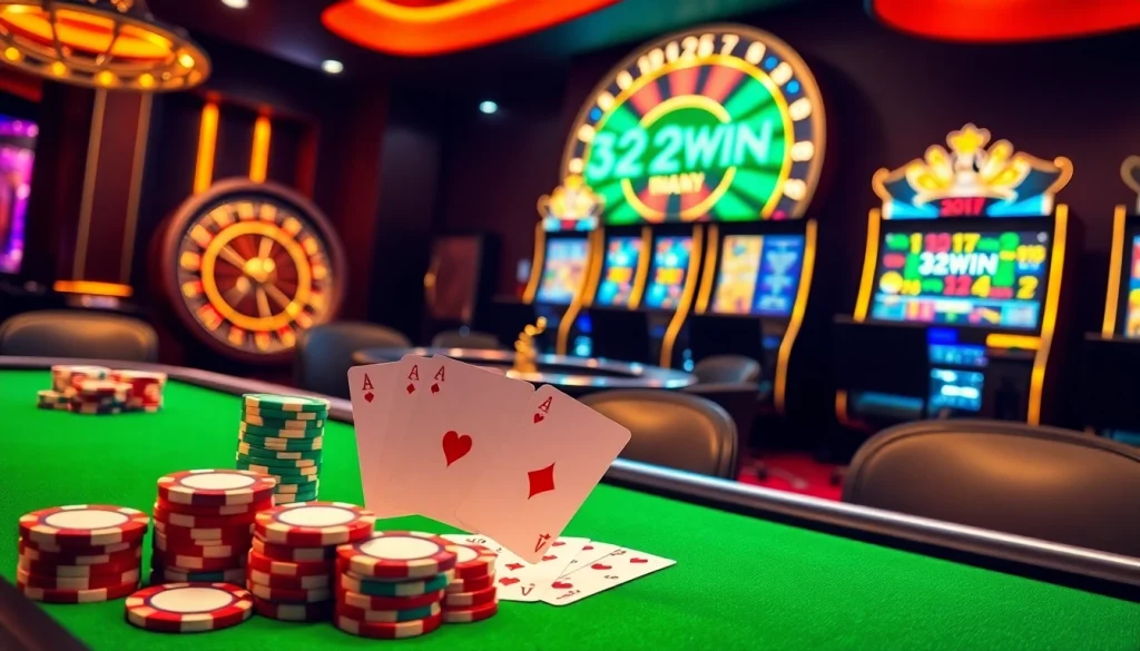 Winning at gambling tables with 32WIN poker chips and vibrant casino ambiance.