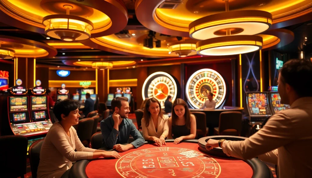 Experience the excitement of MM88 at a luxurious casino with vibrant gaming tables and slot machines.