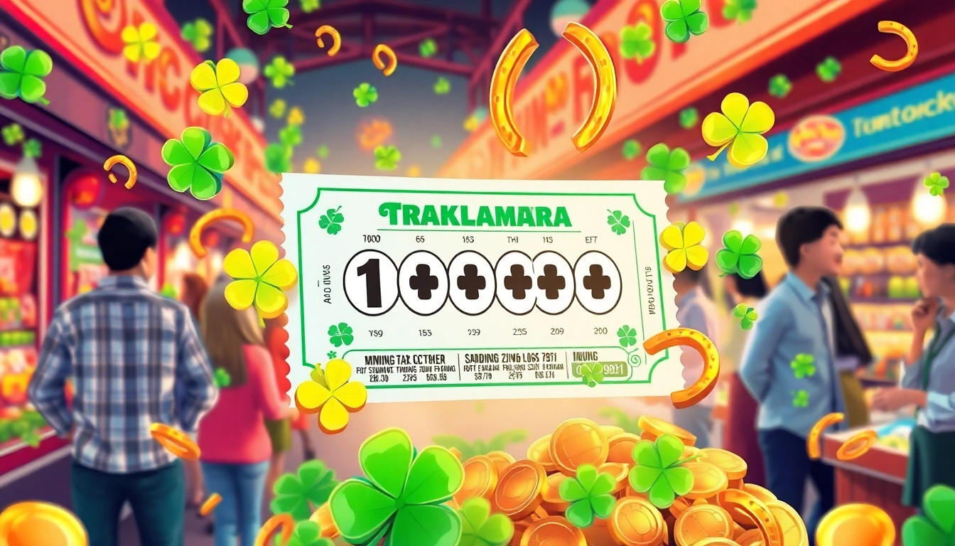 Menggambarkan toto togel dengan tiket undian secara menarik di tengah simbol keberuntungan.