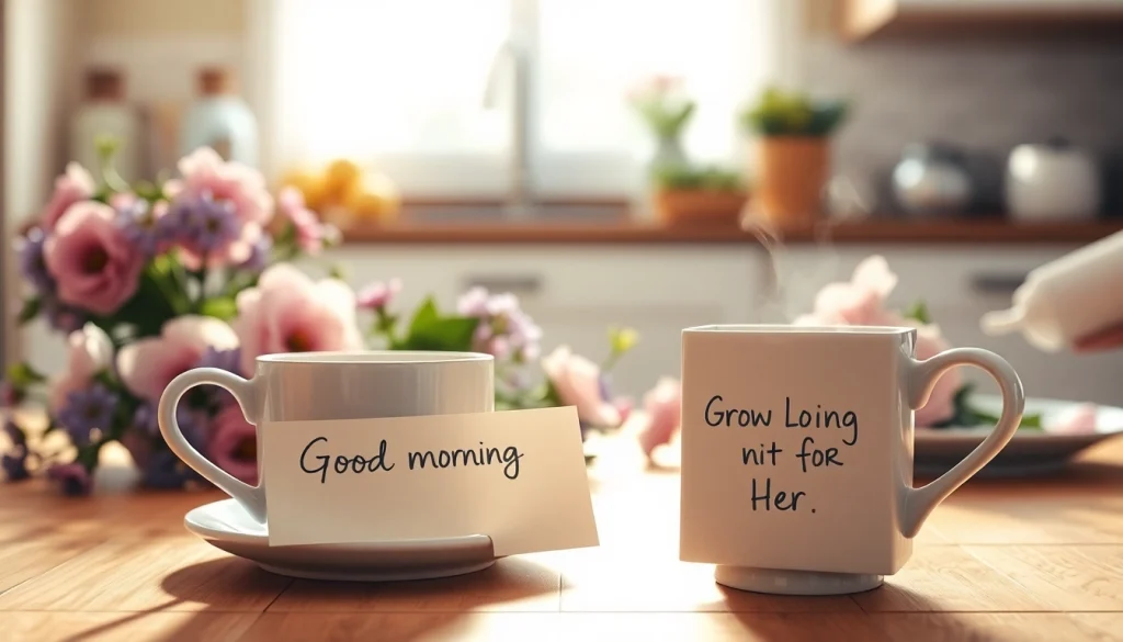 Heartfelt good morning message for her, a cup of coffee, and a romantic breakfast setting.