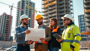 Explore various roles in Careers in construction, showcasing teamwork on a bustling building site.