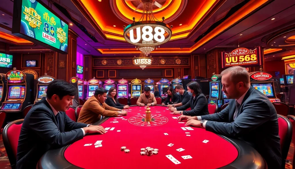 Experience the thrilling atmosphere of UU88 with players winning at casino tables and vibrant slot machines.