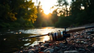 Showcase a Fly fishing combo set against a picturesque riverbank at sunset.