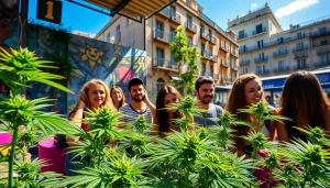 Cannabis espagne: group enjoying cannabis plants in a colorful social club atmosphere