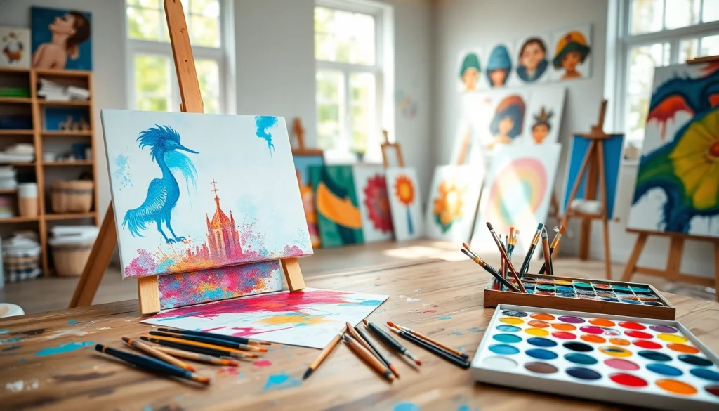 Paintbrushes and vibrant acrylic paints at https://acrylicpedia.com in a bright artist studio.