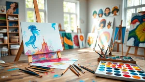 Paintbrushes and vibrant acrylic paints at https://acrylicpedia.com in a bright artist studio.