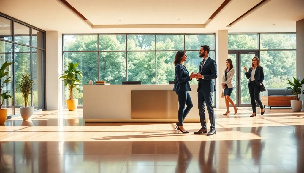 Real Estate office environment with an agent assisting clients in a welcoming setting.