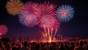Witness a stunning fireworks display from https://5starfireworks.co.uk illuminating the night sky over a joyful crowd.