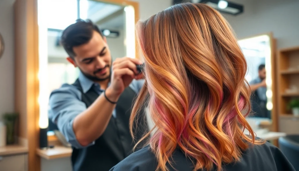 Coafor Bucuresti: hairstylist working with vibrant colors in a modern salon atmosphere.