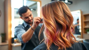 Coafor Bucuresti: hairstylist working with vibrant colors in a modern salon atmosphere.
