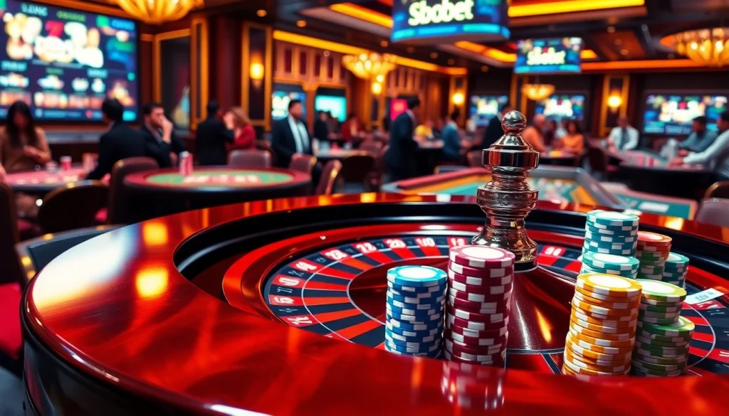 Place your bets using the llink alternatif sbobet in this luxurious casino setting featuring roulette and poker.