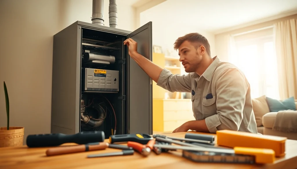 Technician performing furnace repair goldens bridge in a cozy home setting