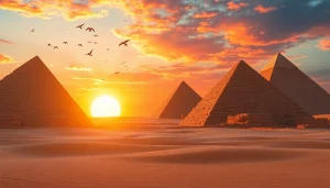 View of iconic piraminds in a vibrant sunset setting highlighting ancient architecture.