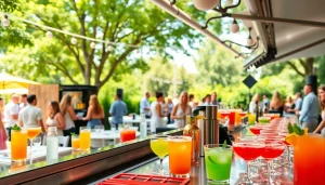 Guests enjoying a mobile bar service at an outdoor event with vibrant cocktails.