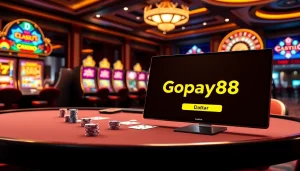 Gopay88 Daftar showcased in a vibrant casino scene with poker chips and roulette wheel.