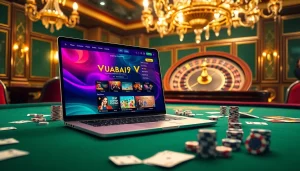 Vuabai9 online casino features an elegant gaming table with cards and chips under warm lighting.