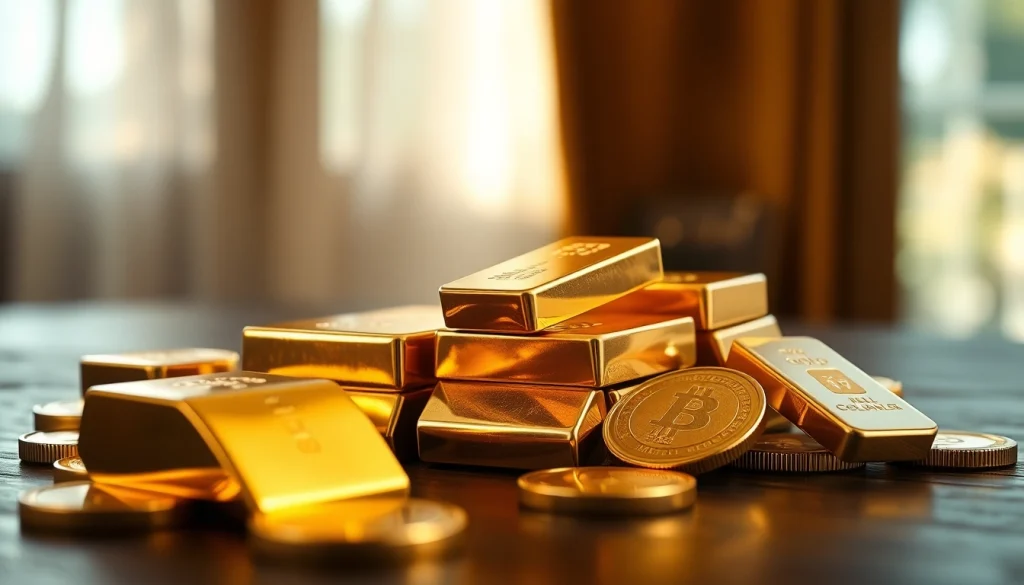 Showcasing gold price usd with gleaming gold bars and coins on a luxurious wooden background.