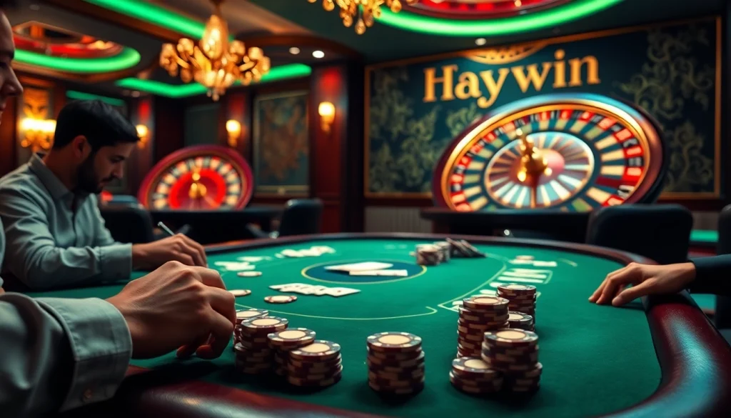 Experience thrilling poker action at a Haywin casino table with vibrant chips and cards.