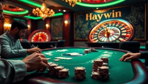 Experience thrilling poker action at a Haywin casino table with vibrant chips and cards.