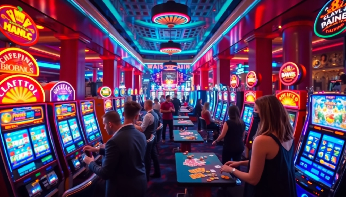 Excited players engaging with slot depo 5k machines in a luxurious casino setting.