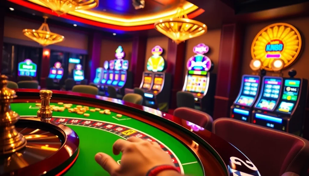 Engaging casino scene with NK88 branding on a roulette table, showcasing vibrant chips and lights.