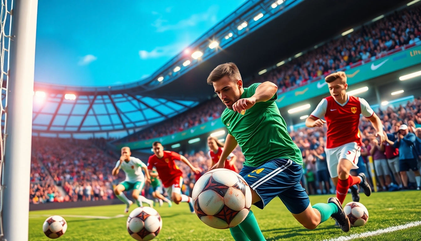 Intense soccer players showcasing skills during a match on บอล-วัน-นี้, embodying excitement and energy.