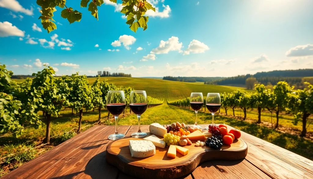 Enjoy a stunning view of clarksburg wineries with lush vineyards and a charcuterie board.