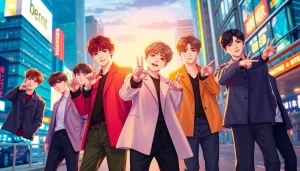 BTS members posing stylishly in a vibrant urban setting, showcasing their unique personalities.