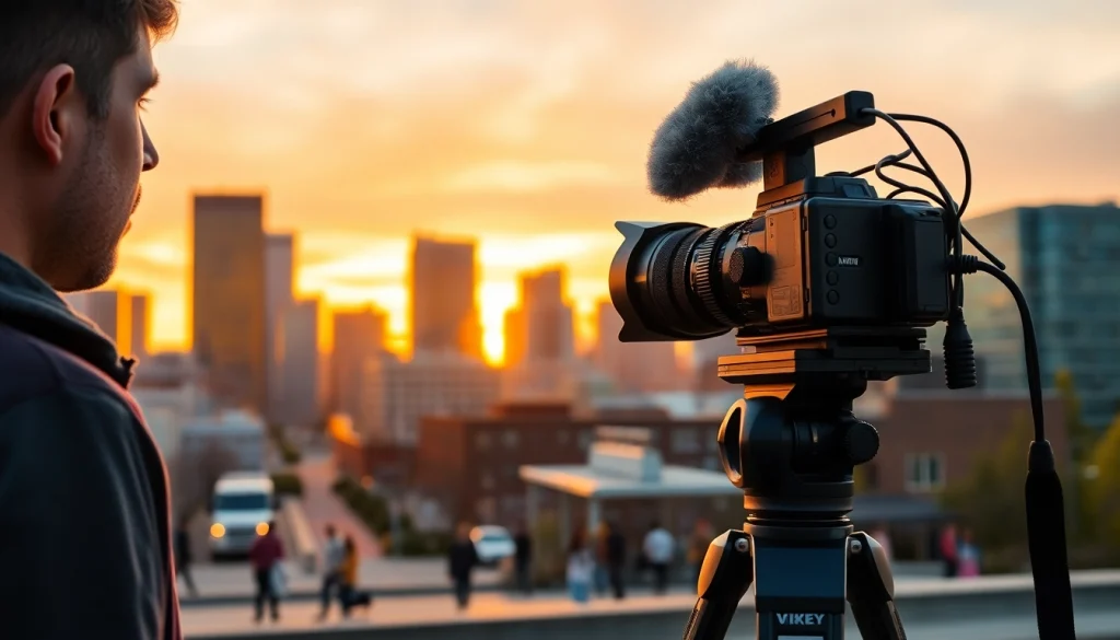 Capture of a vibrant video production Calgary scene featuring a film crew setting up equipment.