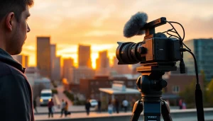 Capture of a vibrant video production Calgary scene featuring a film crew setting up equipment.