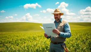 Farming professional reviewing documents in a peaceful setting related to agricultural law.
