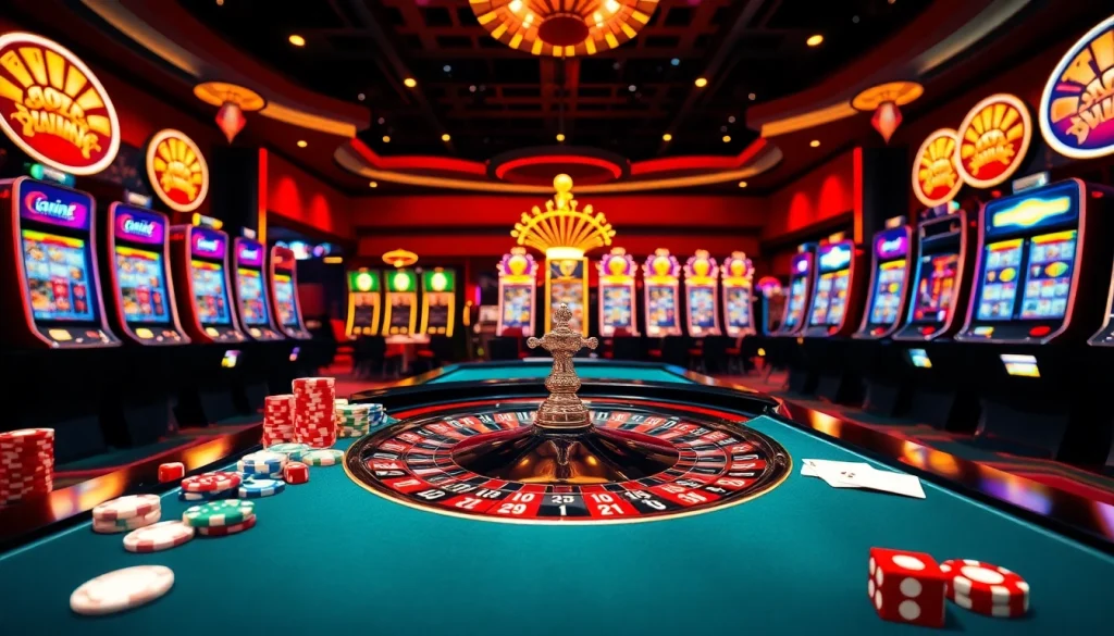 A thrilling casino scene featuring a roulette table, poker chips, and a variety of slot machines for link 789club enthusiasts.