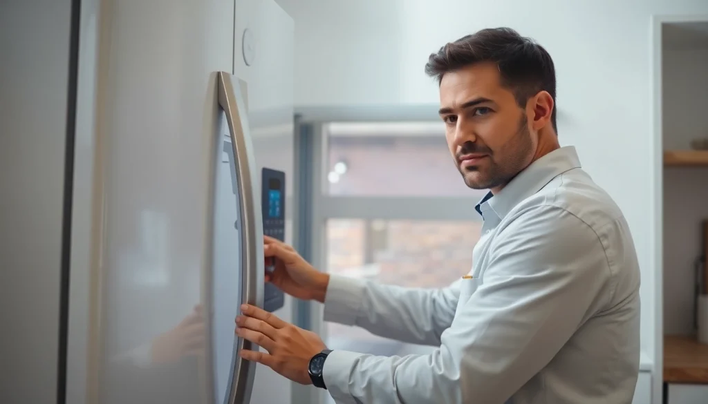 Expert performing appliance repair ottawa in a modern kitchen with a focus on the refrigerator.
