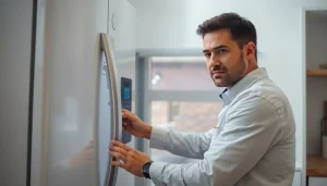 Expert performing appliance repair ottawa in a modern kitchen with a focus on the refrigerator.