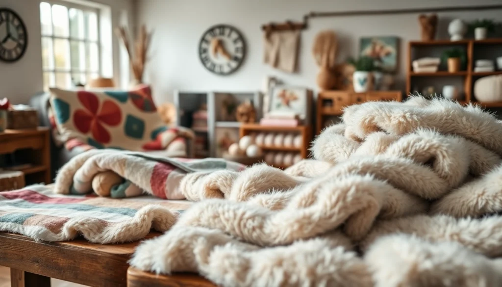 De mooiste fleece prints gepresenteerd op een rustieke tafel, met gedetailleerde patronen en zachte texturen.