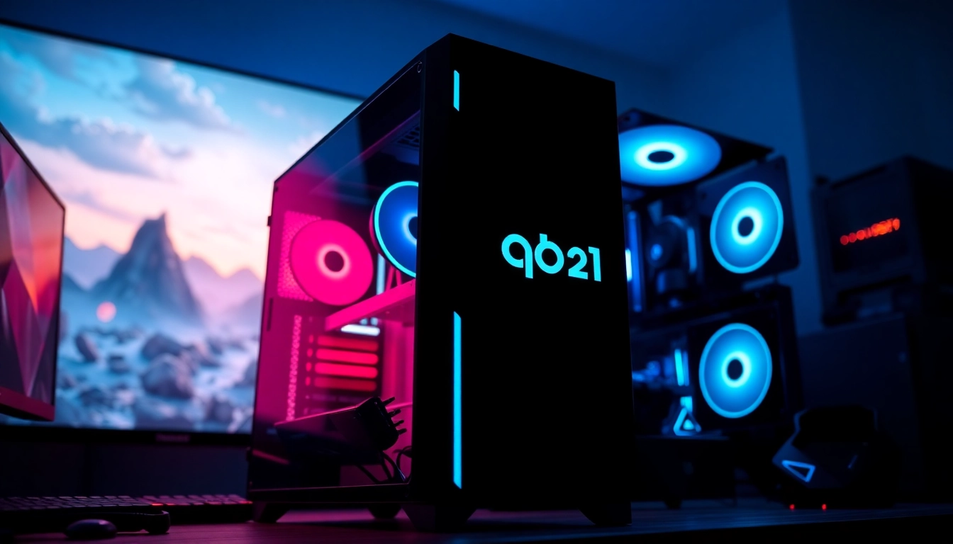 Menggambarkan logo qq8821 pada setup gaming premium dengan pencahayaan lembut.