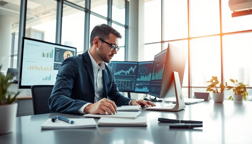 Analyze data trends with das 142 in a modern office setting.