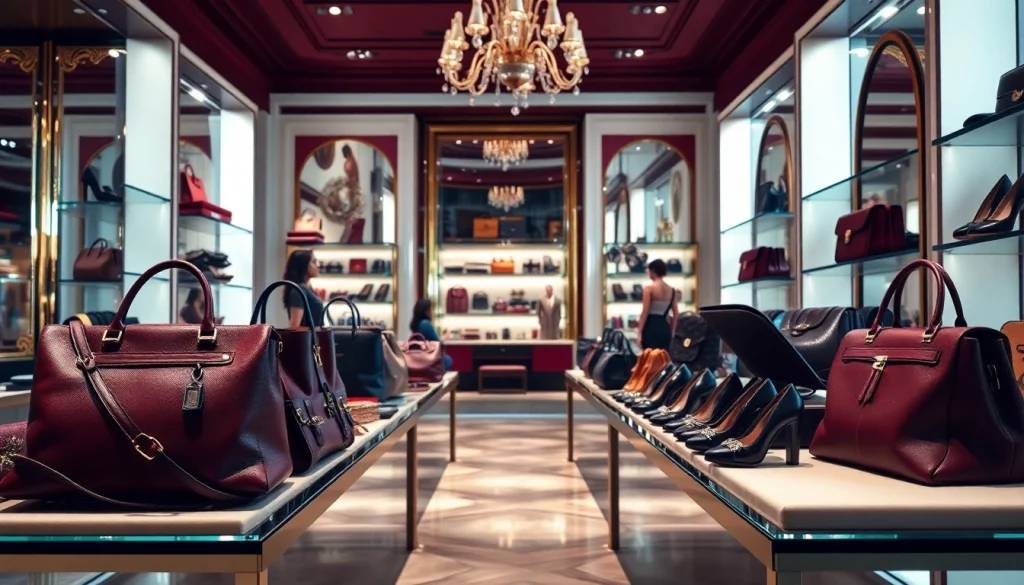 레플리카사이트의 고급스러운 명품 가방과 신발이 전시된 모습