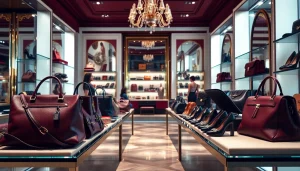 레플리카사이트의 고급스러운 명품 가방과 신발이 전시된 모습