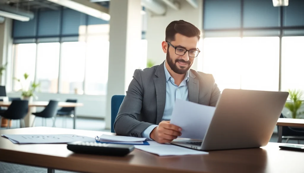 Tax advisor analyzing documents in a bright office, showcasing professionalism and engagement.