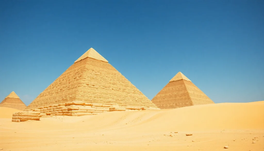 Discover piraminds in a majestic desert landscape showcasing ancient stone structures.