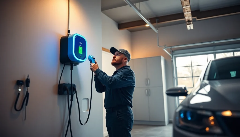 EV charger cost guide: Professional electrician installing a home EV charger in a modern garage setting.