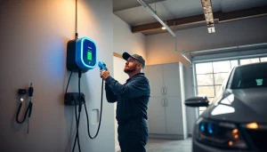 EV charger cost guide: Professional electrician installing a home EV charger in a modern garage setting.