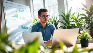 Marketing Consultant analyzing strategies with charts and a laptop in a bright office workspace.
