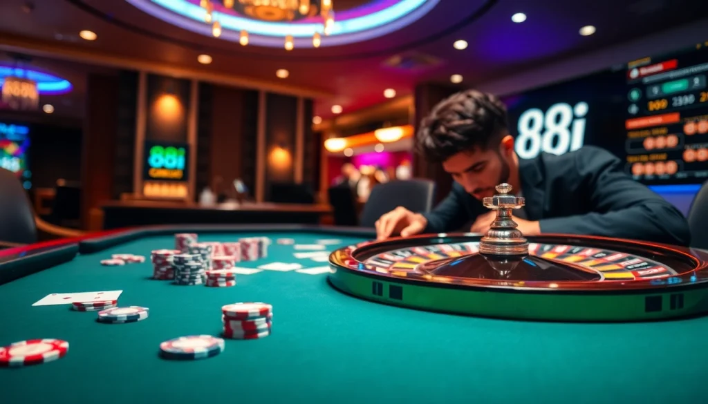 Intense casino gaming action at 88i featuring poker chips, cards, and a roulette wheel.