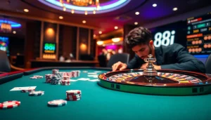 Intense casino gaming action at 88i featuring poker chips, cards, and a roulette wheel.