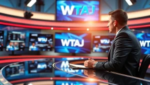 WTAJ newscaster delivering breaking news in a modern newsroom setting with dynamic digital screens.