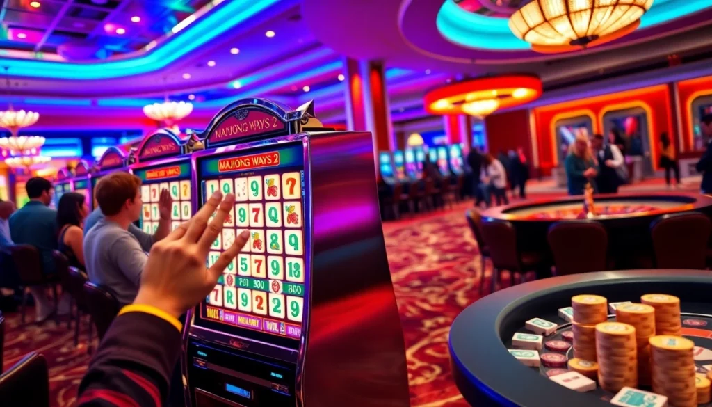 Players enjoying the Mahjong Ways 2 slot machine in a vibrant casino setting.